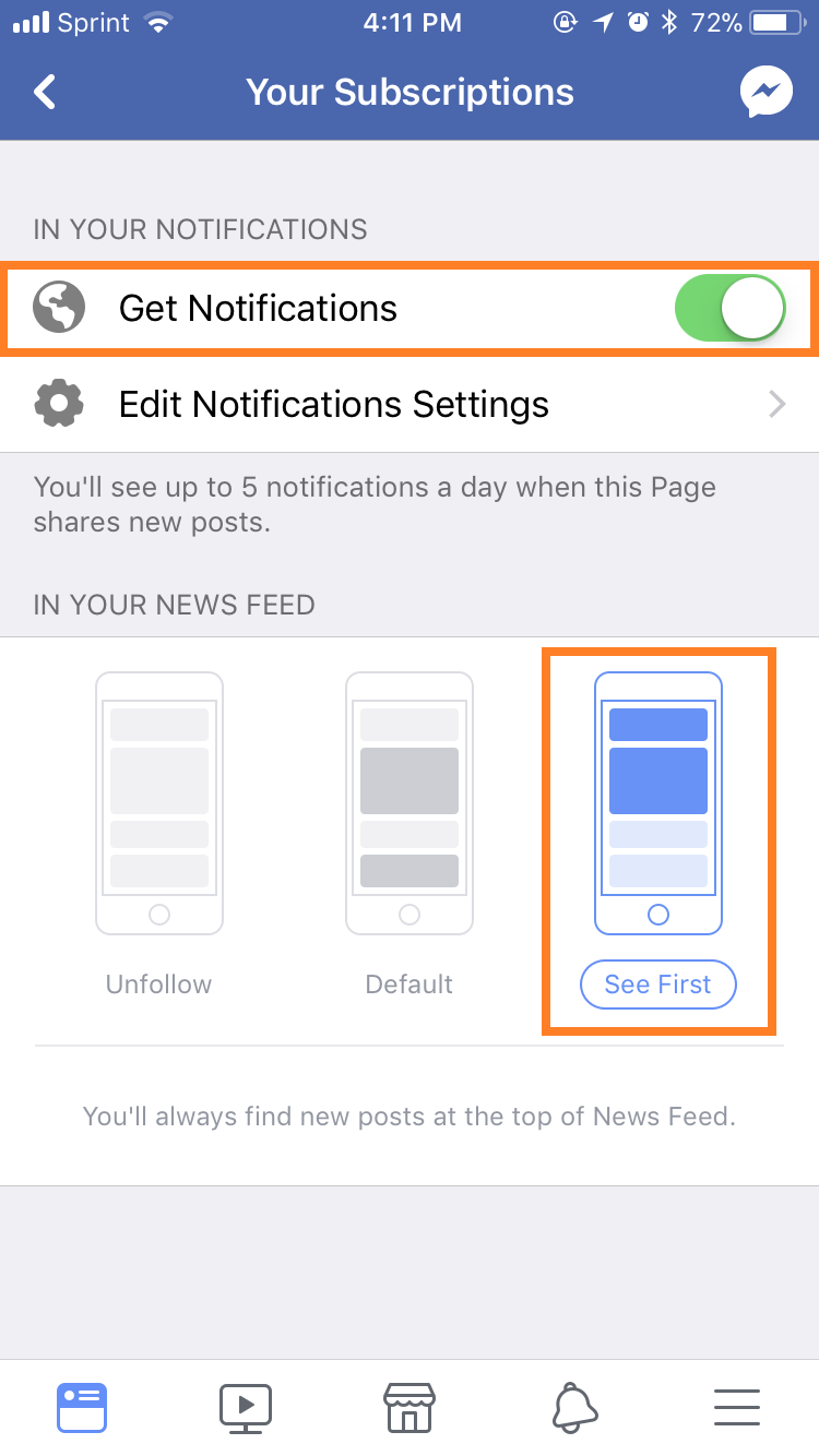 Turn on Facebook Get Notifications settings